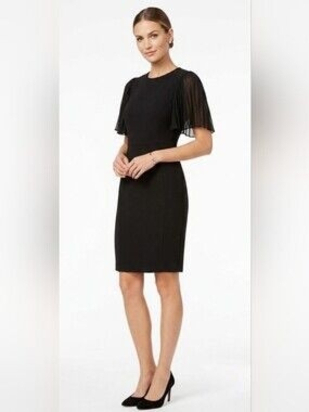 Calvin Klein Black Midi Sheath Dress with Pleated Flutter Sleeves